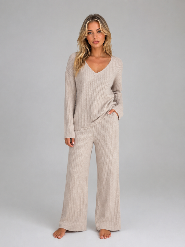 Femke - Dames Loungeset Gebreide Stijl met V Hals en Wijde Broek
