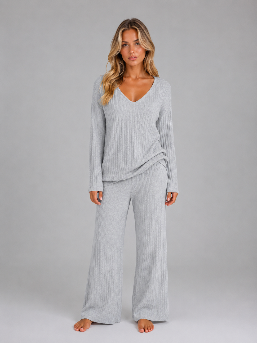 Femke - Dames Loungeset Gebreide Stijl met V Hals en Wijde Broek