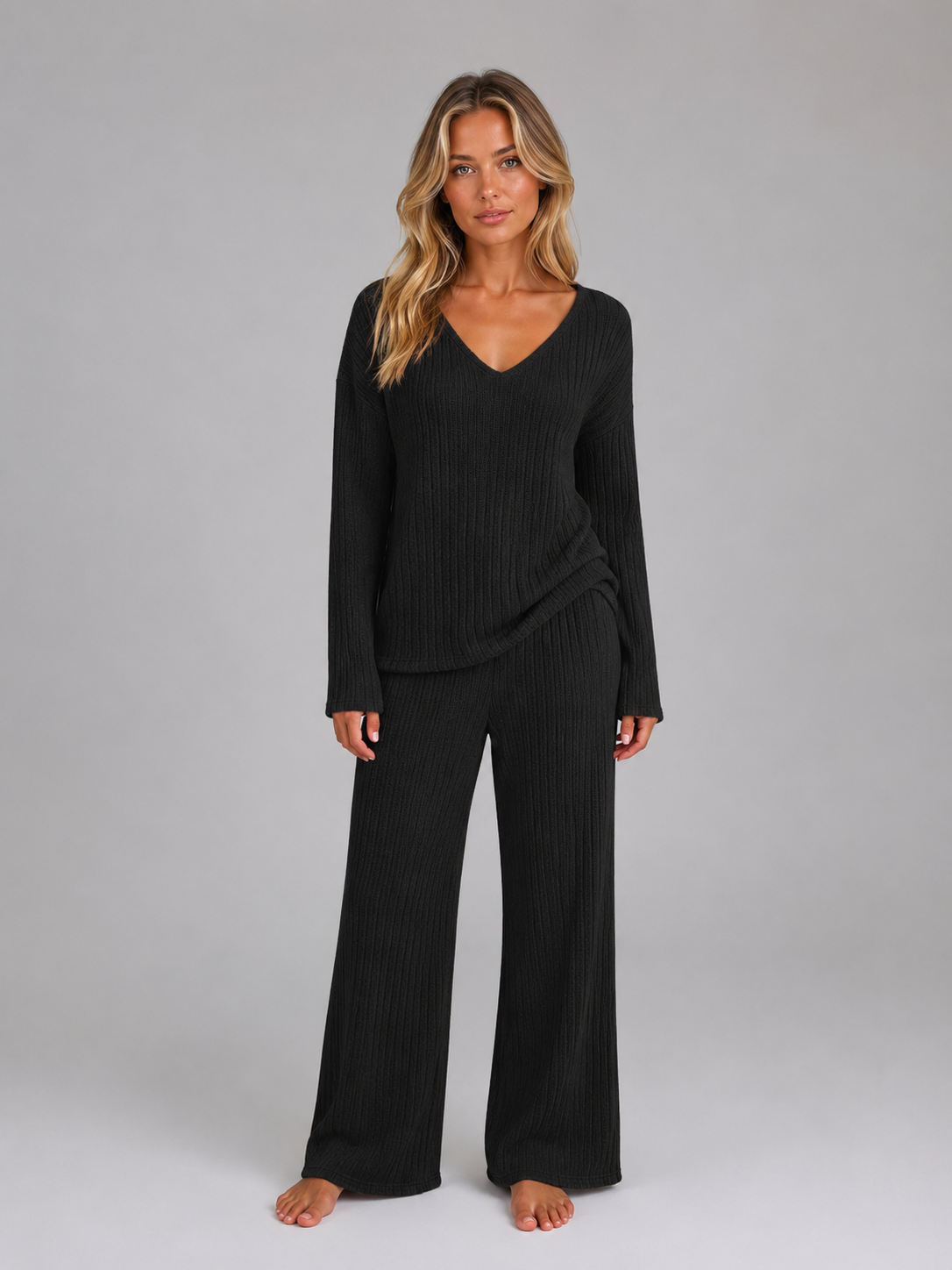 Femke - Dames Loungeset Gebreide Stijl met V Hals en Wijde Broek