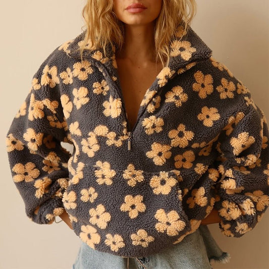 Femke - Dames Teddy Jas Fleece Oversized met Halve Rits en Bloemdessin
