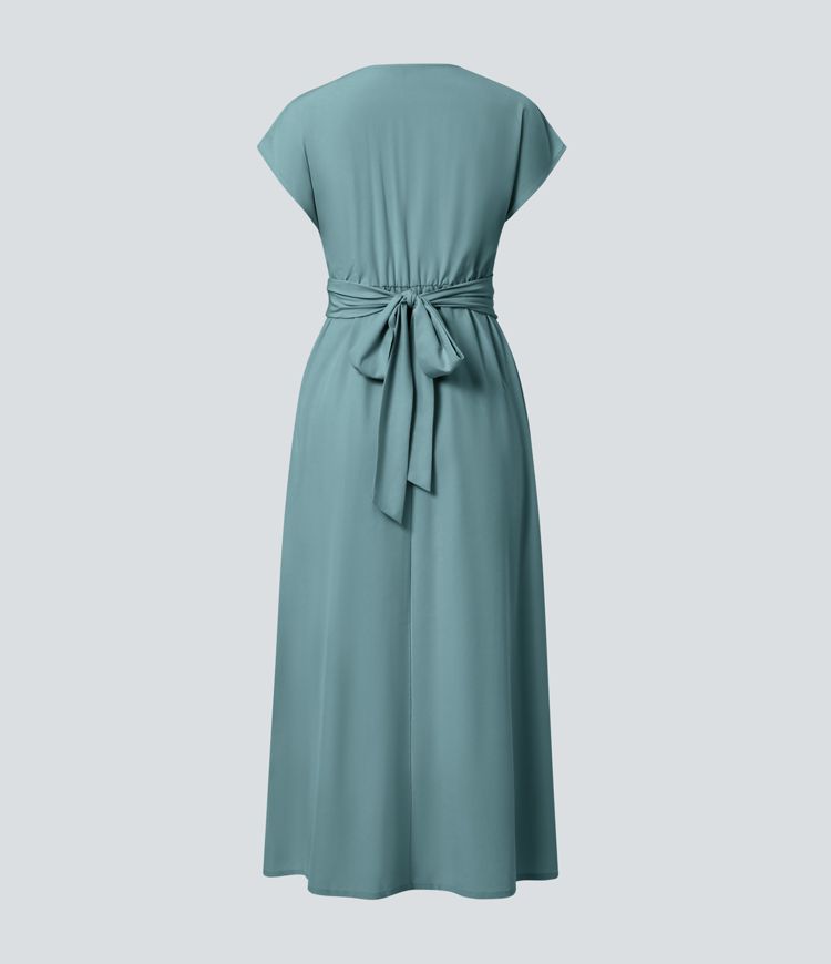Femke - Elegante Bruiloft Gastenjurk Dames met Overslag V-hals en Brede Tailleband