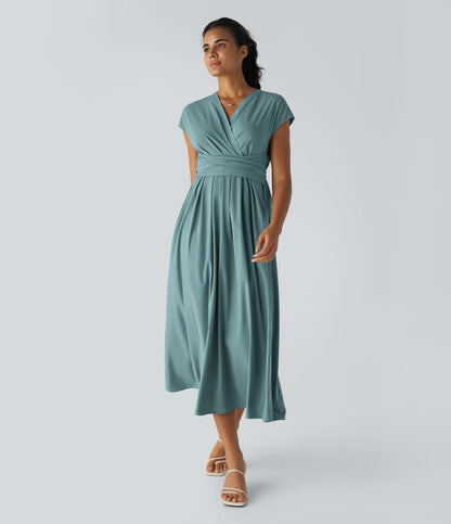Femke - Elegante Bruiloft Gastenjurk Dames met Overslag V-hals en Brede Tailleband