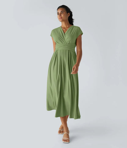 Femke - Elegante Bruiloft Gastenjurk Dames met Overslag V-hals en Brede Tailleband
