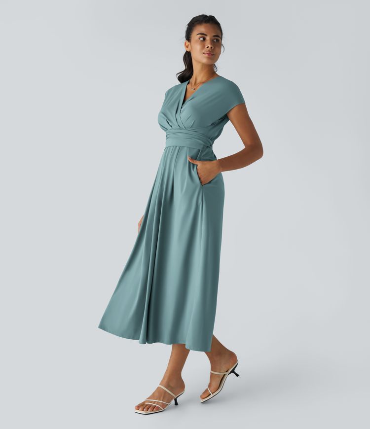 Femke - Elegante Bruiloft Gastenjurk Dames met Overslag V-hals en Brede Tailleband