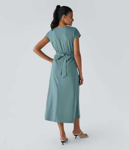 Femke - Elegante Bruiloft Gastenjurk Dames met Overslag V-hals en Brede Tailleband