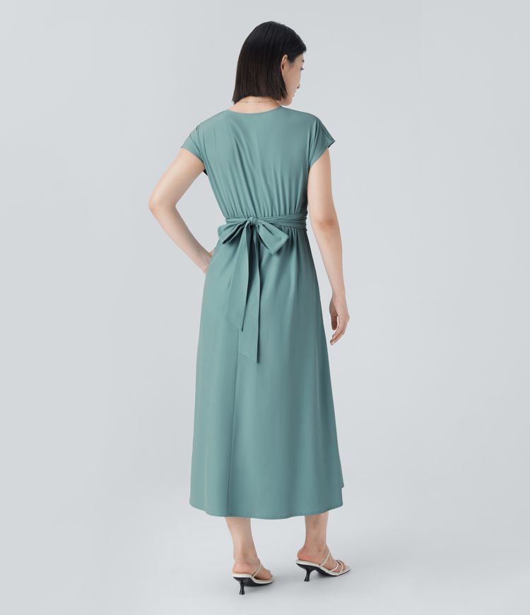 Femke - Elegante Bruiloft Gastenjurk Dames met Overslag V-hals en Brede Tailleband