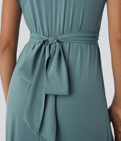 Femke - Elegante Bruiloft Gastenjurk Dames met Overslag V-hals en Brede Tailleband