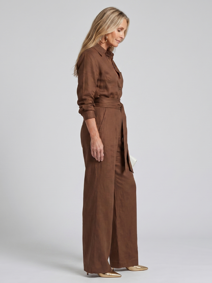 Femke - Elegante Wijde Linnen Jumpsuit Dames met Lange Mouwen en Ceintuur