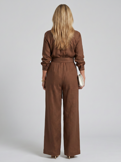 Femke - Elegante Wijde Linnen Jumpsuit Dames met Lange Mouwen en Ceintuur