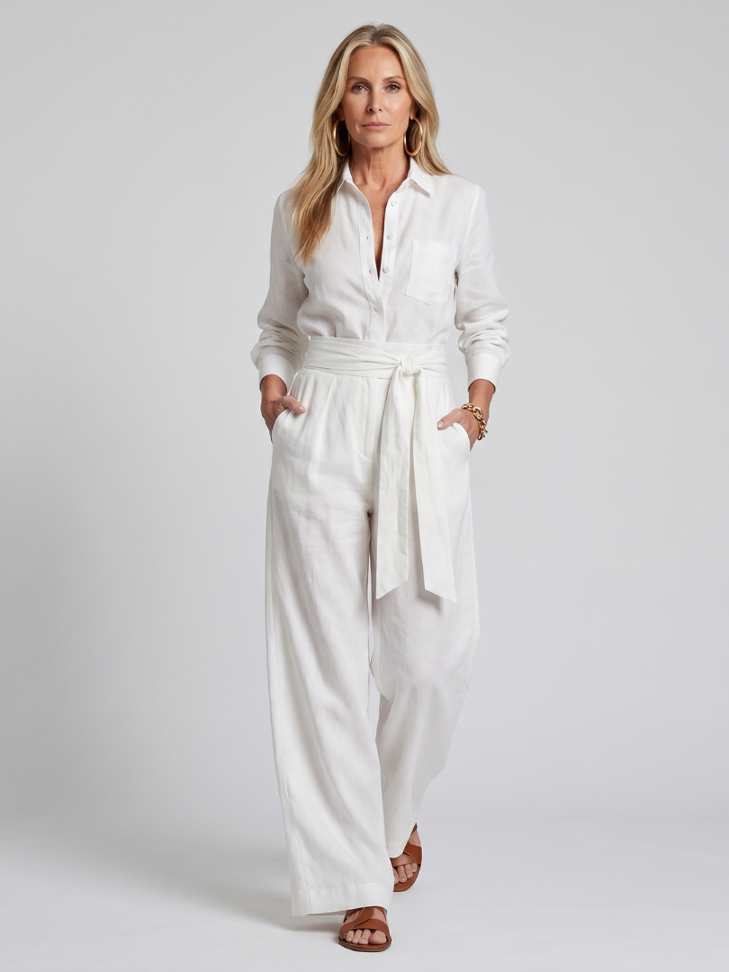 Femke - Elegante Wijde Linnen Jumpsuit Dames met Lange Mouwen en Ceintuur