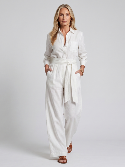 Femke - Elegante Wijde Linnen Jumpsuit Dames met Lange Mouwen en Ceintuur