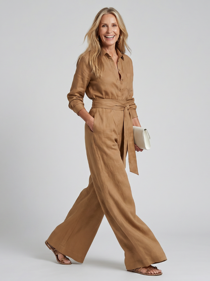 Femke - Elegante Wijde Linnen Jumpsuit Dames met Lange Mouwen en Ceintuur