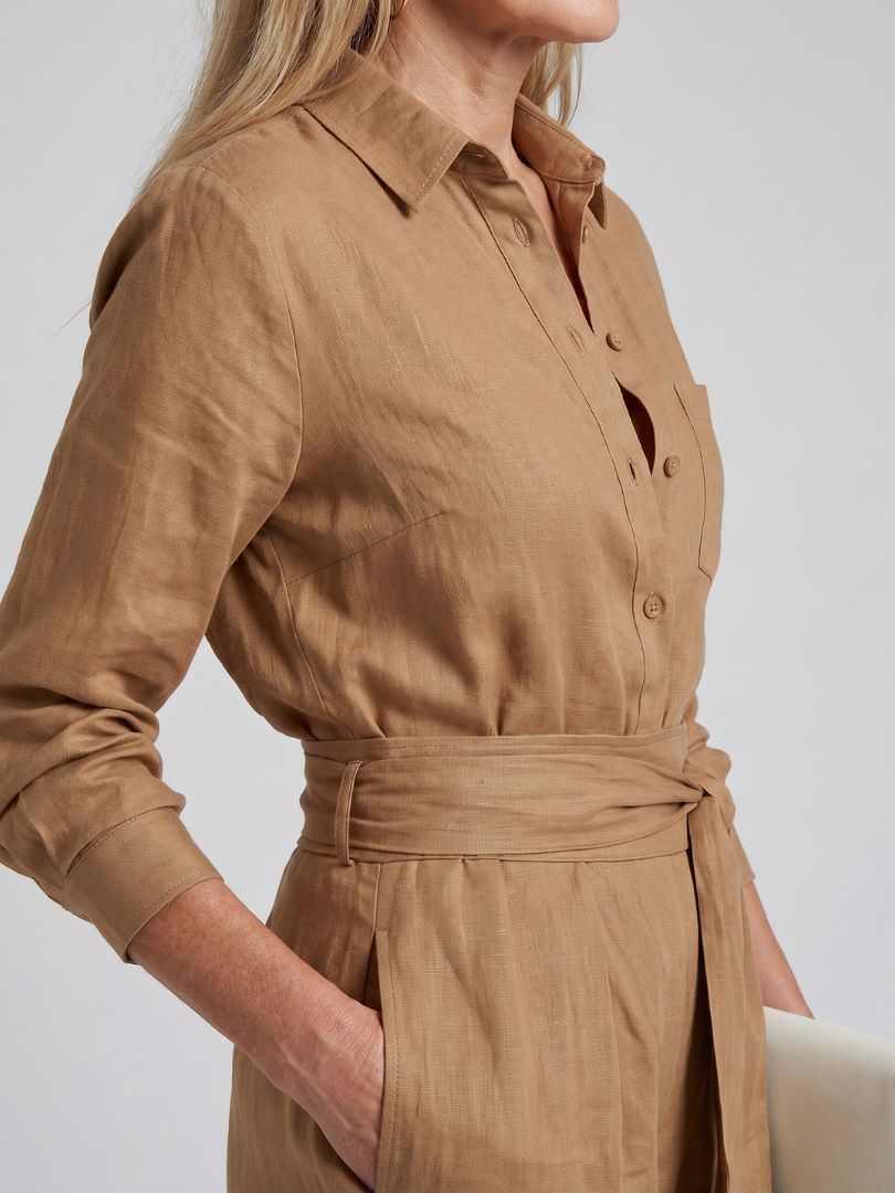 Femke - Elegante Wijde Linnen Jumpsuit Dames met Lange Mouwen en Ceintuur