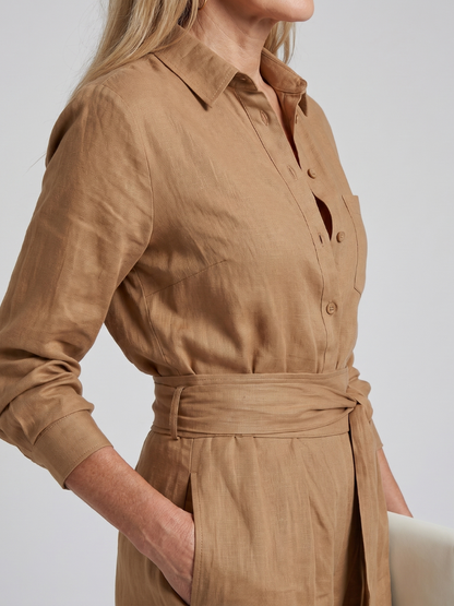 Femke - Elegante Wijde Linnen Jumpsuit Dames met Lange Mouwen en Ceintuur