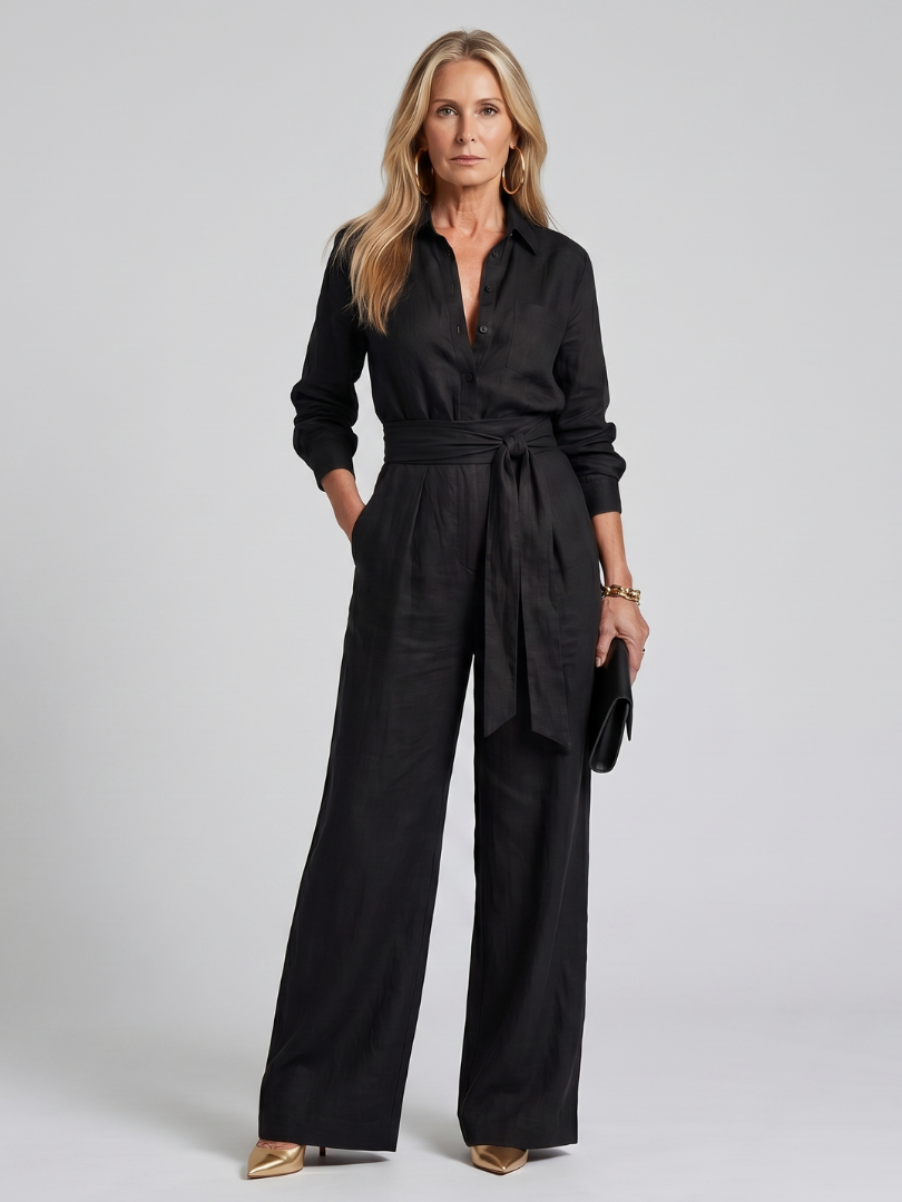Femke - Elegante Wijde Linnen Jumpsuit Dames met Lange Mouwen en Ceintuur
