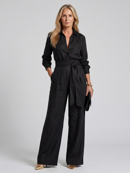 Femke - Elegante Wijde Linnen Jumpsuit Dames met Lange Mouwen en Ceintuur