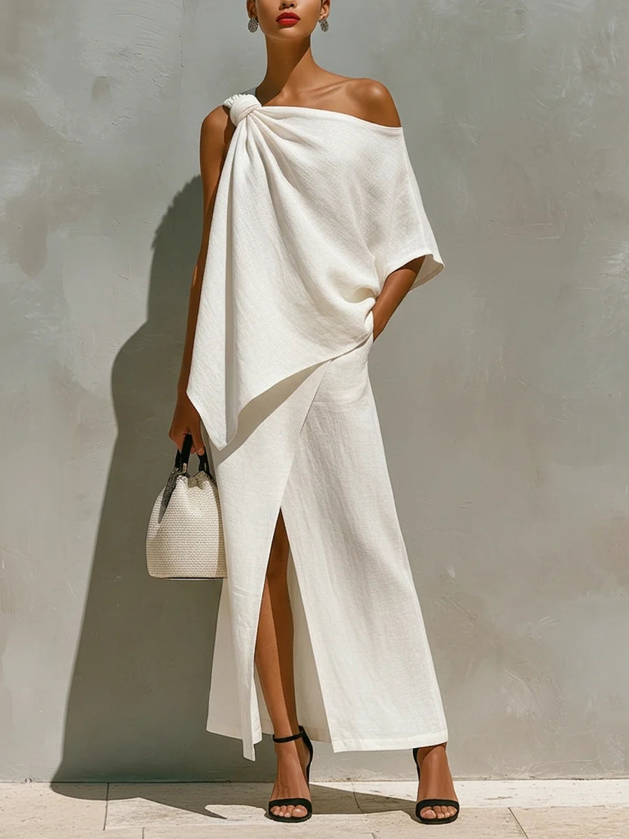 Femke - Luxe Linnen Setjurk Dames met Asymmetrische Schouder en Split
