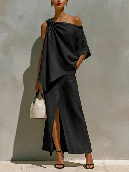 Femke - Luxe Linnen Setjurk Dames met Asymmetrische Schouder en Split