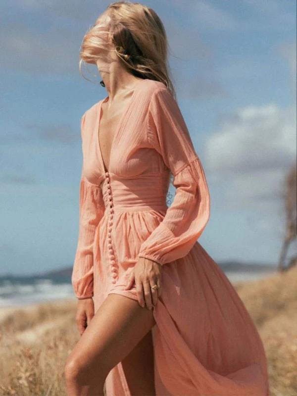 Fenna - Boho Galajurk Dames met Diepe V-hals en Knoopsluiting