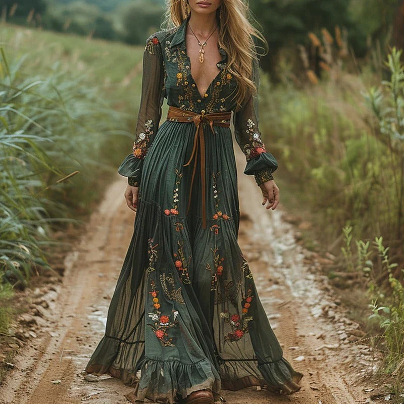 Fenna - Boho Maxi Jurk Dames met Bloemenprint en Diepe V-hals