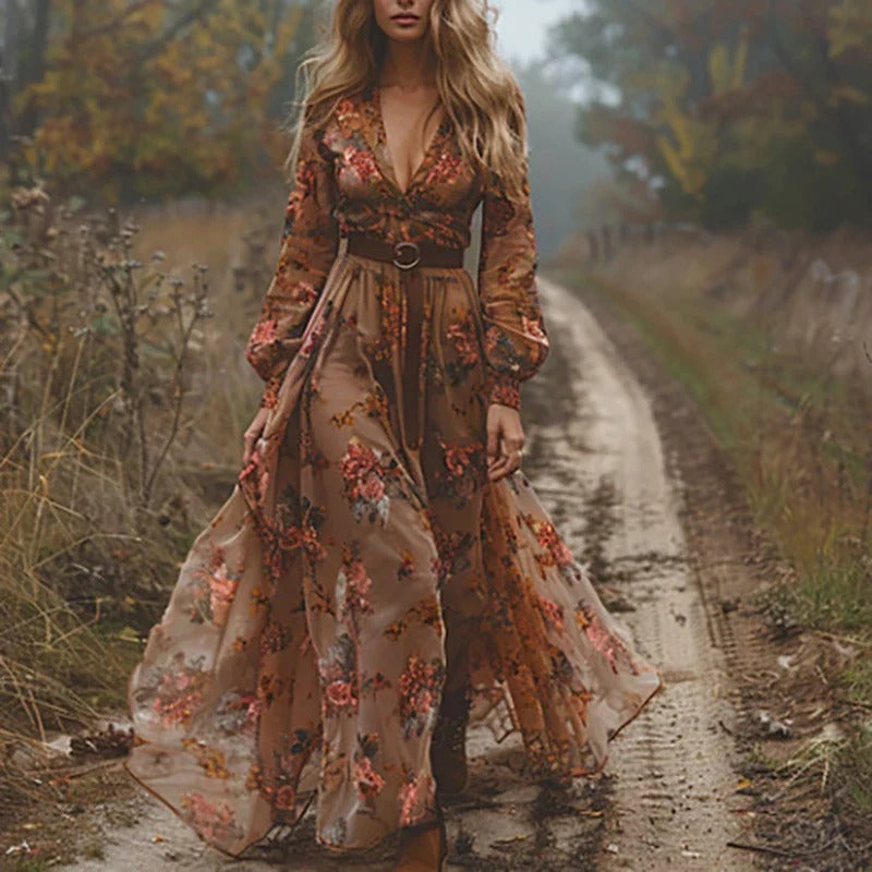 Fenna - Boho Maxi Jurk Dames met Bloemenprint en Diepe V-hals