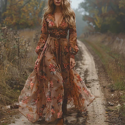 Fenna - Boho Maxi Jurk Dames met Bloemenprint en Diepe V-hals