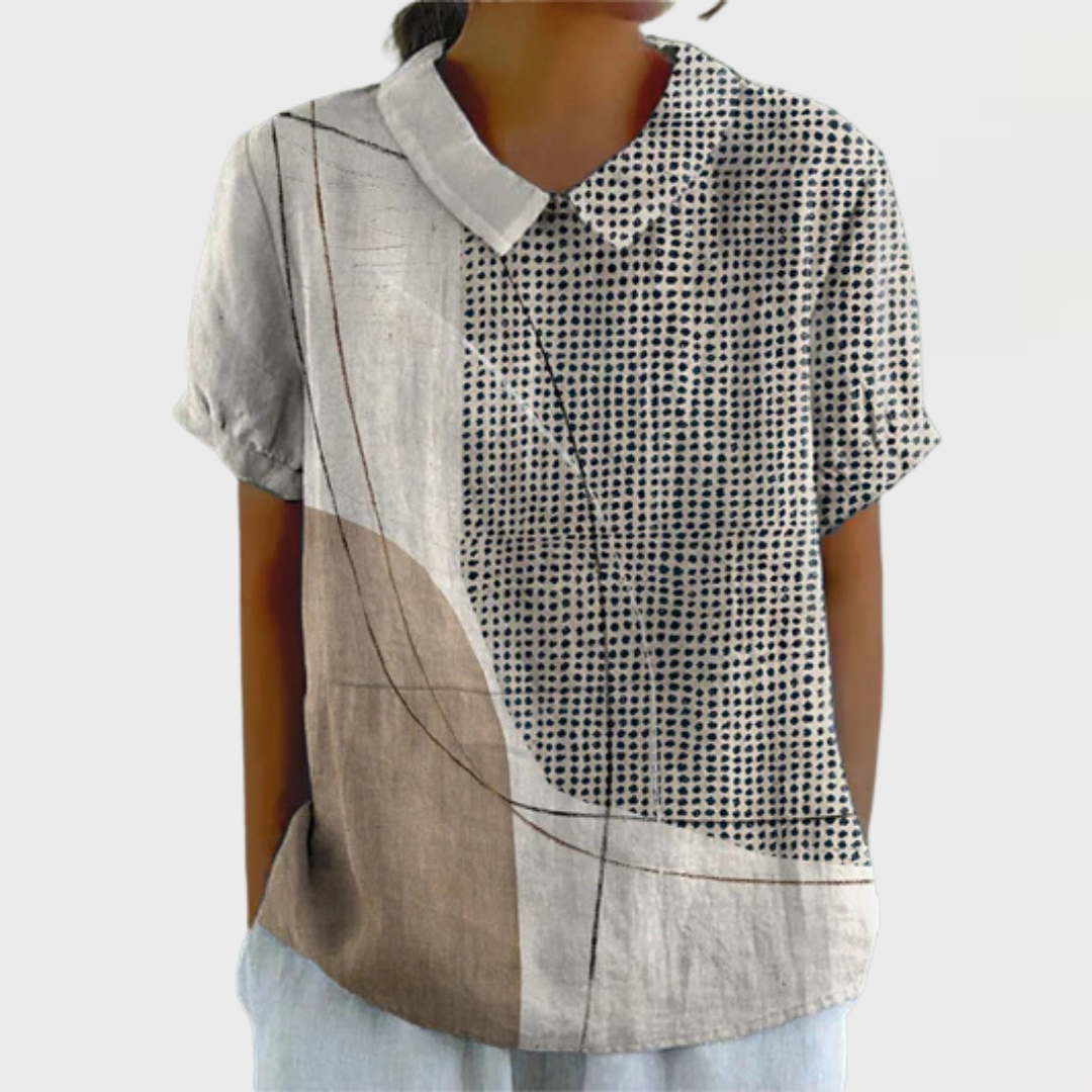 Fenna - Casual Linnen Blouse Dames met Kraag en Korte Mouwen
