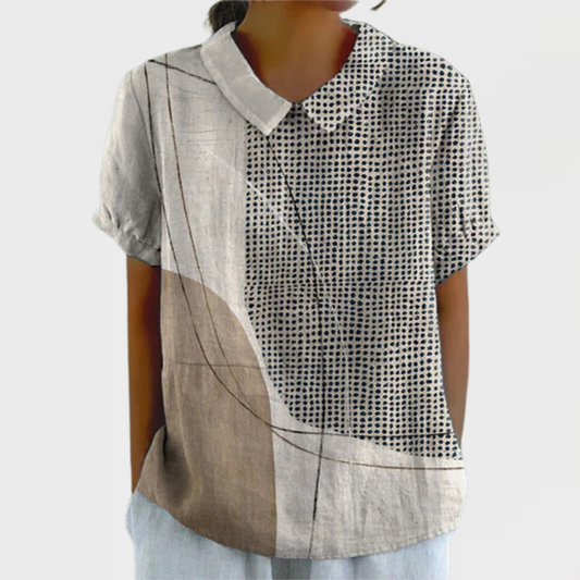 Fenna - Casual Linnen Blouse Dames met Kraag en Korte Mouwen