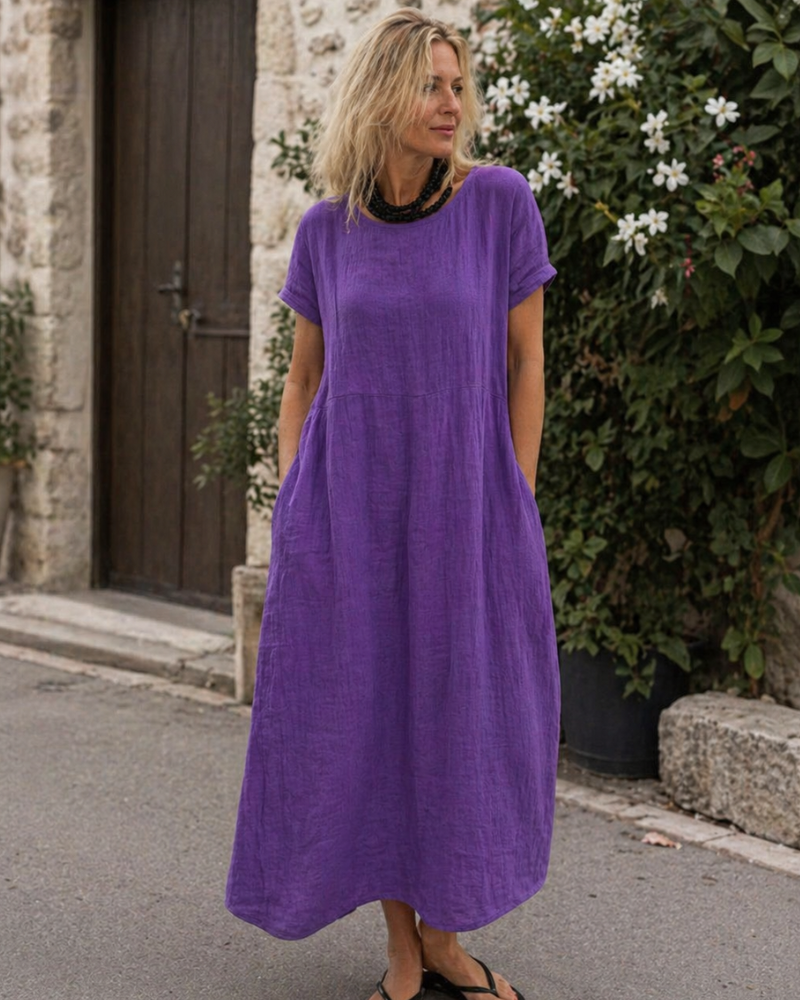 Fenna - Casual Linnen Zomerjurk Dames met Ronde Hals en Zakken