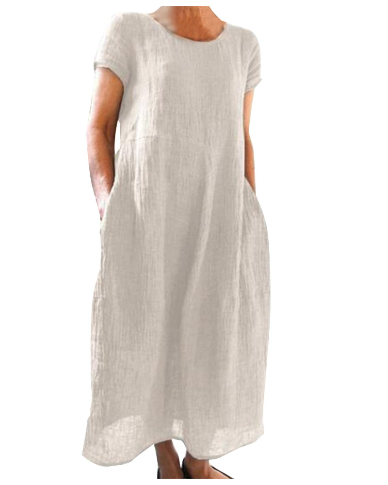 Fenna - Casual Linnen Zomerjurk Dames met Ronde Hals en Zakken