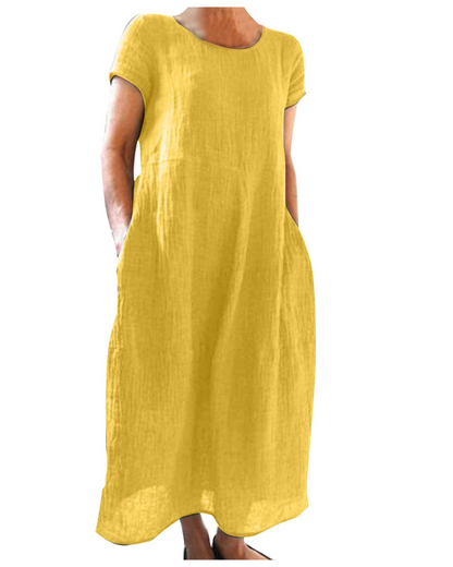 Fenna - Casual Linnen Zomerjurk Dames met Ronde Hals en Zakken