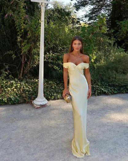 Fenna - Chique Bruiloft Gast Jurk Dames met Off-Shoulder Mouwtjes en Gedrapeerde Halslijn
