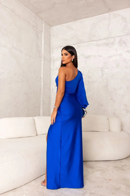 Fenna - Chique Bruiloft Gastenjurk Dames One Shoulder met Knoopdetail en Hoge Split