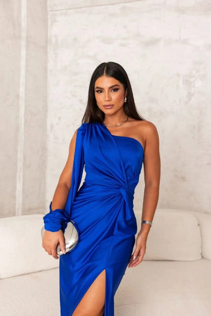 Fenna - Chique Bruiloft Gastenjurk Dames One Shoulder met Knoopdetail en Hoge Split