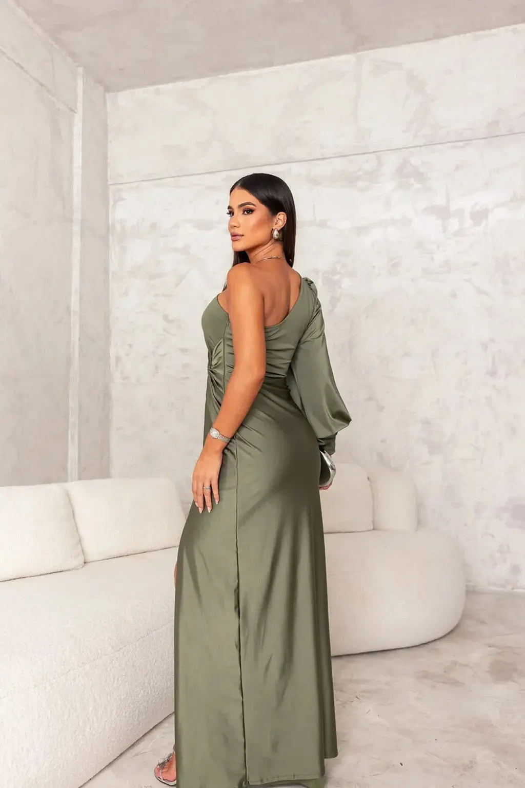 Fenna - Chique Bruiloft Gastenjurk Dames One Shoulder met Knoopdetail en Hoge Split