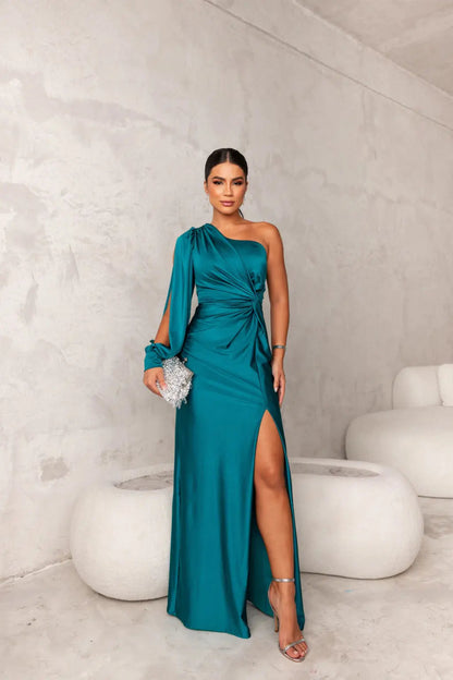 Fenna - Chique Bruiloft Gastenjurk Dames One Shoulder met Knoopdetail en Hoge Split