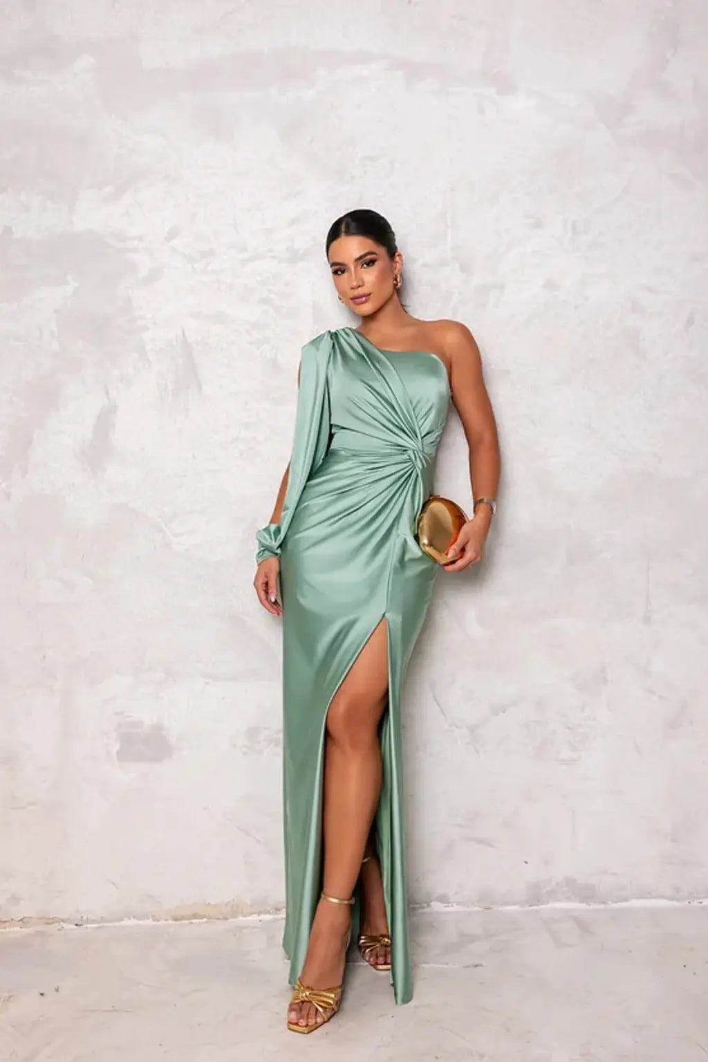 Fenna - Chique Bruiloft Gastenjurk Dames One Shoulder met Knoopdetail en Hoge Split