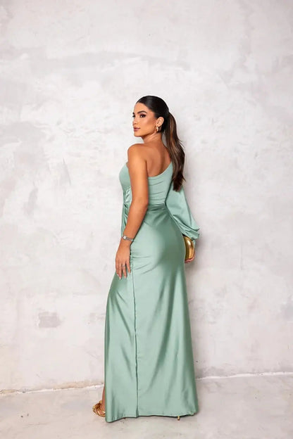 Fenna - Chique Bruiloft Gastenjurk Dames One Shoulder met Knoopdetail en Hoge Split