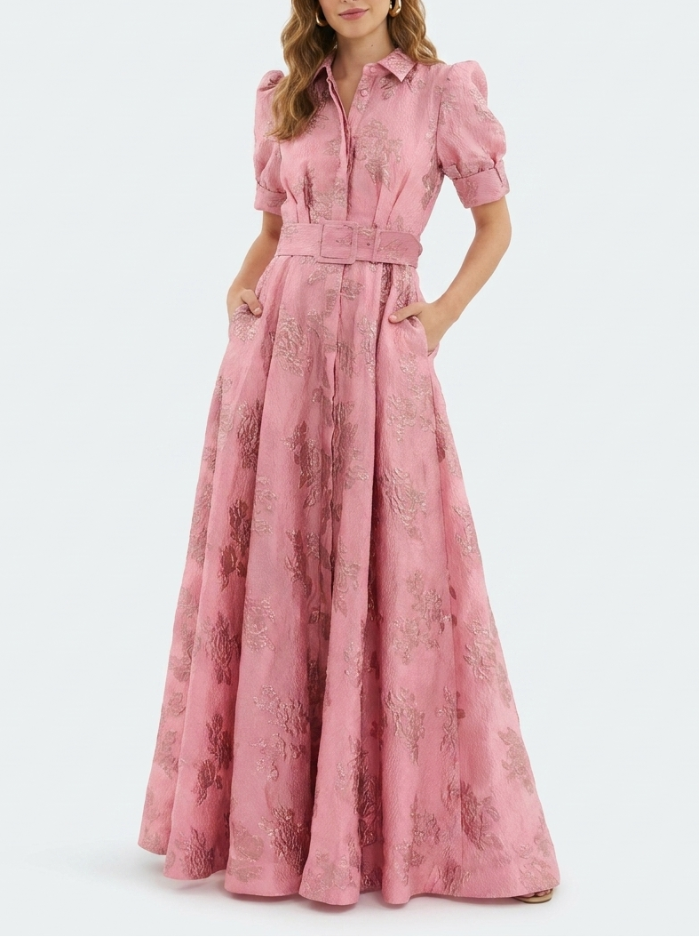 Fenna - Chique Bruiloft Gastenjurk Dames met Pofmouwen en Jacquardprint