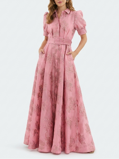 Fenna - Chique Bruiloft Gastenjurk Dames met Pofmouwen en Jacquardprint