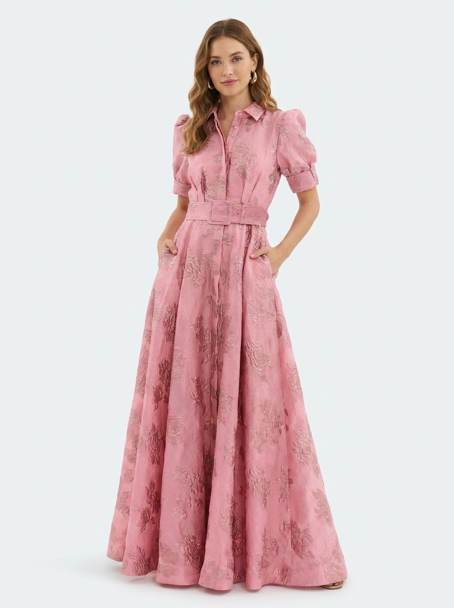 Fenna - Chique Bruiloft Gastenjurk Dames met Pofmouwen en Jacquardprint