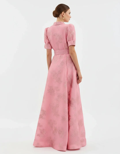 Fenna - Chique Bruiloft Gastenjurk Dames met Pofmouwen en Jacquardprint
