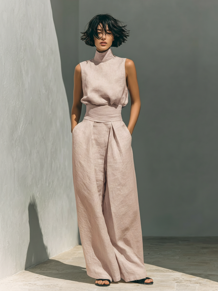 Fenna - Chique Linnen Set Dames met Wijde Palazzo Broek en Mouwloze Top