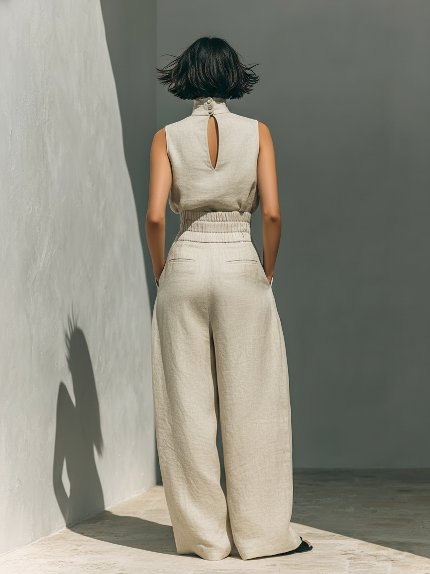 Fenna - Chique Linnen Set Dames met Wijde Palazzo Broek en Mouwloze Top