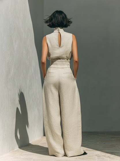 Fenna - Chique Linnen Set Dames met Wijde Palazzo Broek en Mouwloze Top