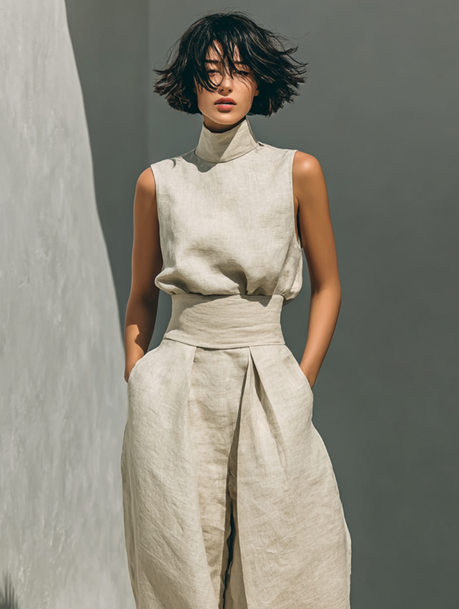 Fenna - Chique Linnen Set Dames met Wijde Palazzo Broek en Mouwloze Top