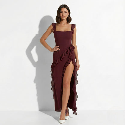 Fenna - Dames Galajurk Maxi voor de Herfst met Ruches en Hoge Split