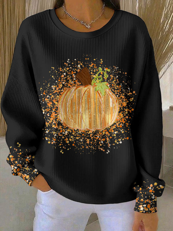 Fenna - Dames Halloween Trui met Pompoen Print en Luipaard Manchetten