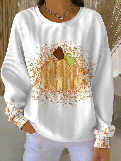 Fenna - Dames Halloween Trui met Pompoen Print en Luipaard Manchetten