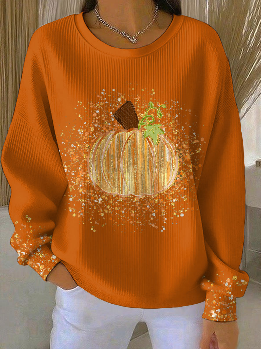 Fenna - Dames Halloween Trui met Pompoen Print en Luipaard Manchetten